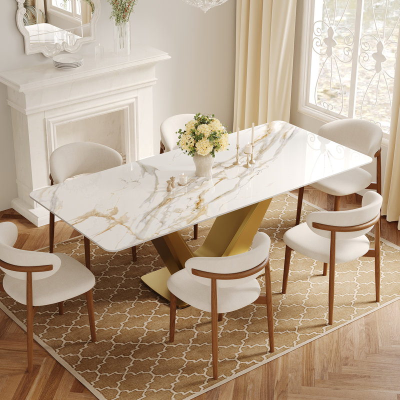 71'' Luxury Rectangular Dining Table - Faux Marble Top with Gold V-Shaped Carbon Steel Base, Contemporary Kitchen Table for Dining Room