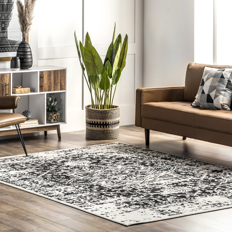 Tapis oriental / persan oriental pour le salon, la chambre et la cuisine, noir et blanc / ivoire, Rectangle 5 pi x 8 pi