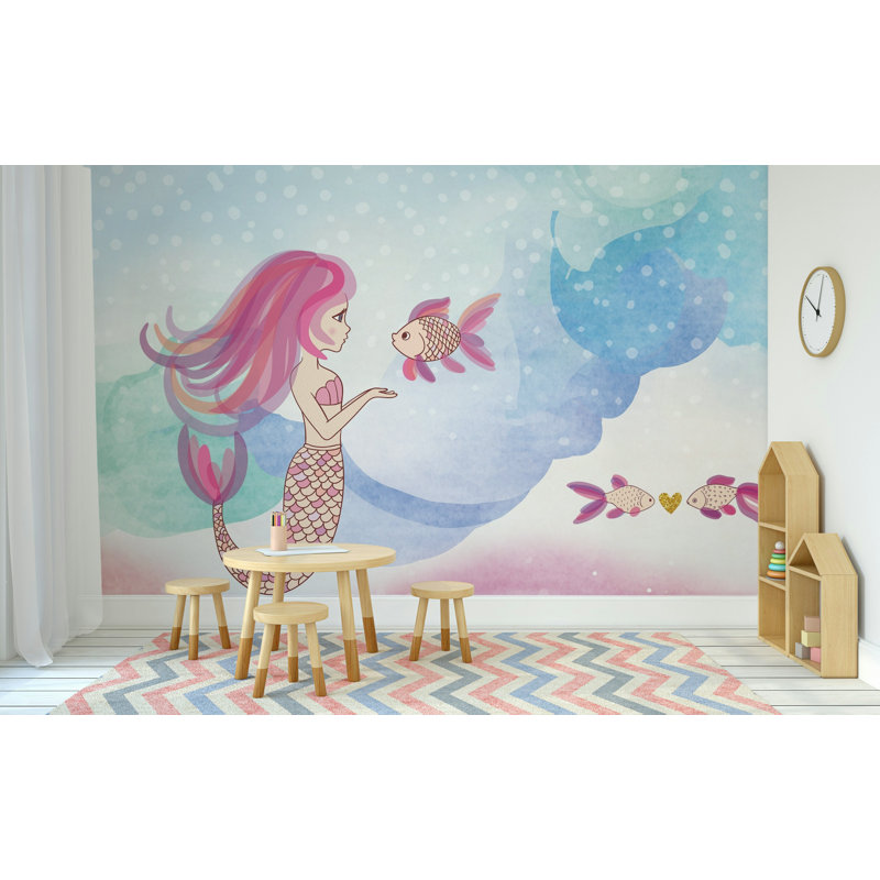 Pastel Mermaid Kids Wallpaper Pink Blue Watercolor, 75"L x 112"W