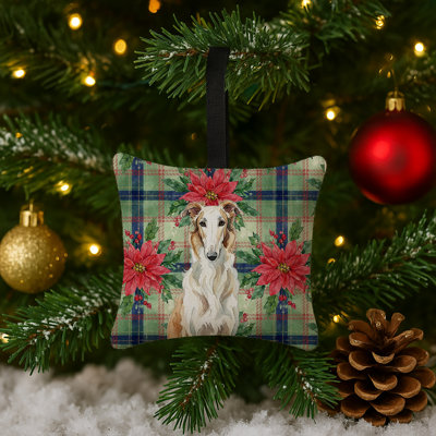 Ornement suspendu en tissu Borzoi Christmas PoinsettIas 3,5 x 3,5