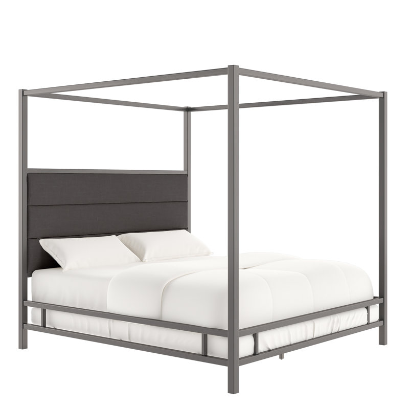 Pettaway Upholstered Metal Canopy Bed, Black Nickel/Dark Gray, Queen