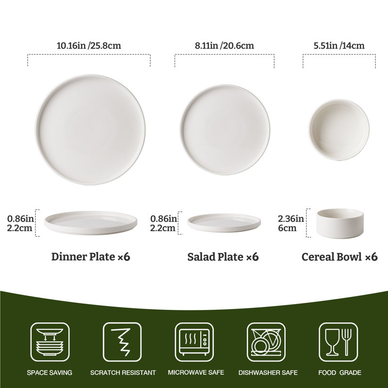 Service de table en porcelaine 18 pièces, blanc, Blanc