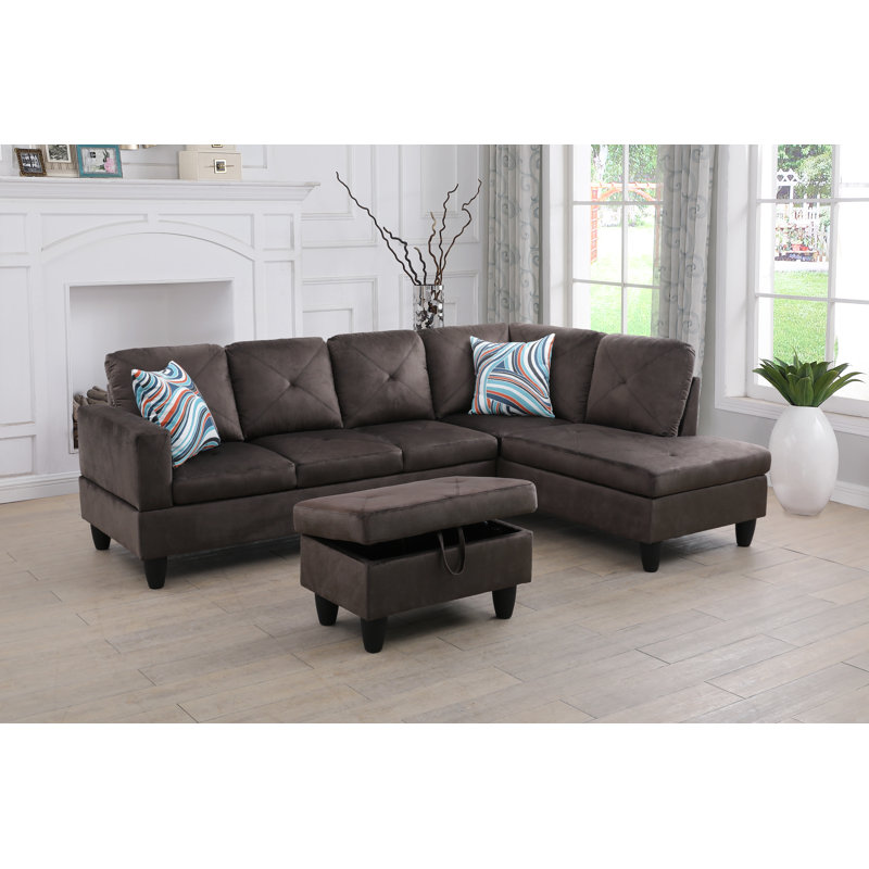 Blue Sackcloth Fabric L style Right Hand Facing Living Room Sofa Set, with ottoman, Right Hand Facing, Ocean Blue Linen
