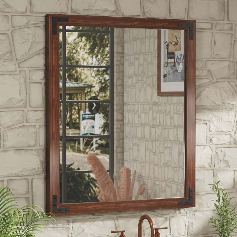 Gwenneth Rectangle Wood Mirror for Bathroom, Solid Pine Wood, Brown, 30" x 36"
