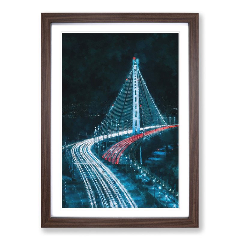 Oakland Bay Bridge In San Francisco - Single Picture Frame Print on MDF, 63cm H x 45cm W x 2cm D, Walnut Framed