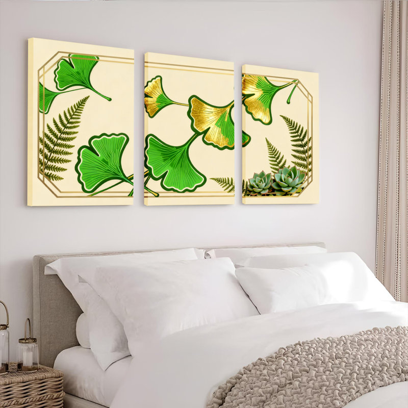 «Ginkgo Leaf and Fern Botanical», reproduction d'art sur toile tendue sur toile (ensemble de 3), H 36 po x l 72 po
