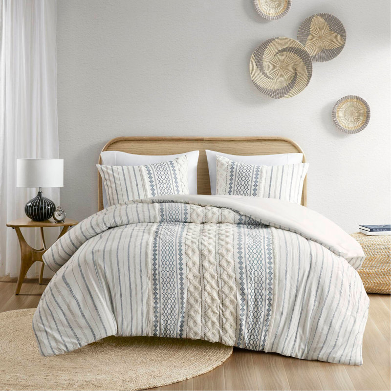 Ensemble d'édredon en coton avec chenille, Blanc / Bleu marine, Édredon grand et 2 taies décoratives