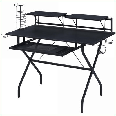 Bureaux en bois noir industriel de 47,5 po Bureau d'ordinateur en métal avec plateau pour clavier, crochets pour casque d'écoute | Noir | Bois et métal