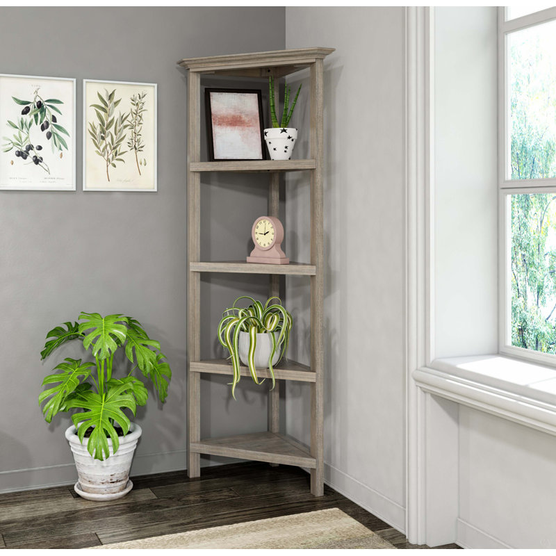 4-Shelf Tall Wood Corner Bookcase With Open Bookshelves, Gray Wash