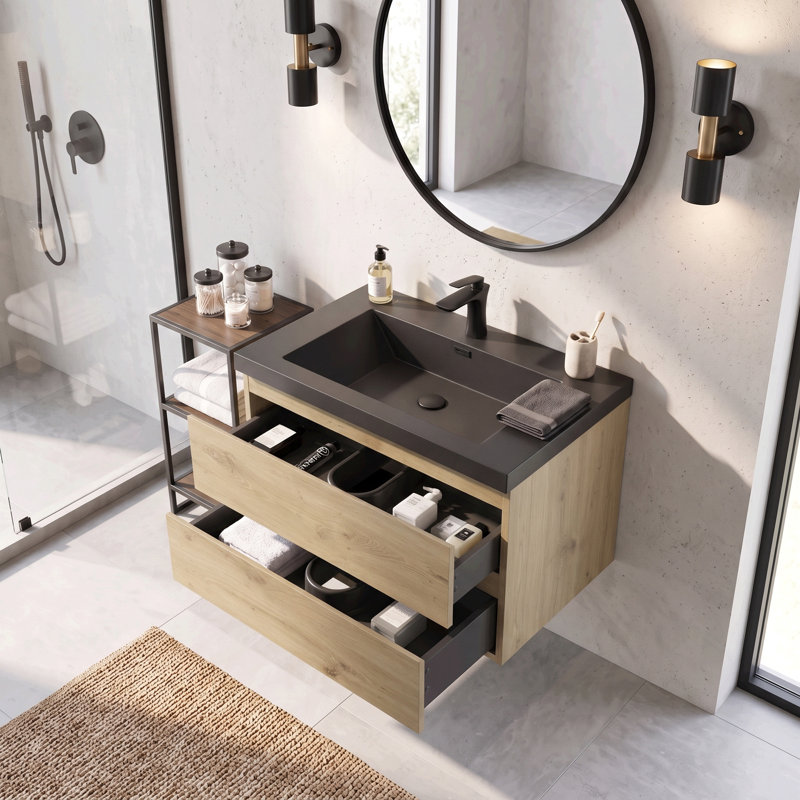 Meuble-lavabo suspendu flottant en mélamine de bois de 30 po avec lavabo intégré en résine et sable de quartz, quincaillerie de qualité supérieure à fermeture en douceur, aménagement de rangement intelligent et spacieux (entièrement assemblé)