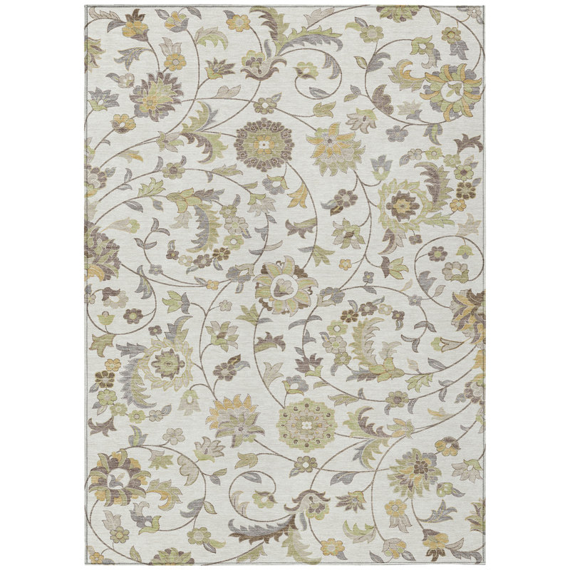 Ivory Floral Pattern Machine Washable Synthetic Rug