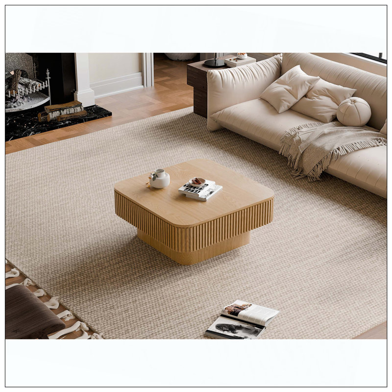 Table basse moderne en placage de bois massif avec rangement pour l'intérieur, Bois naturel
