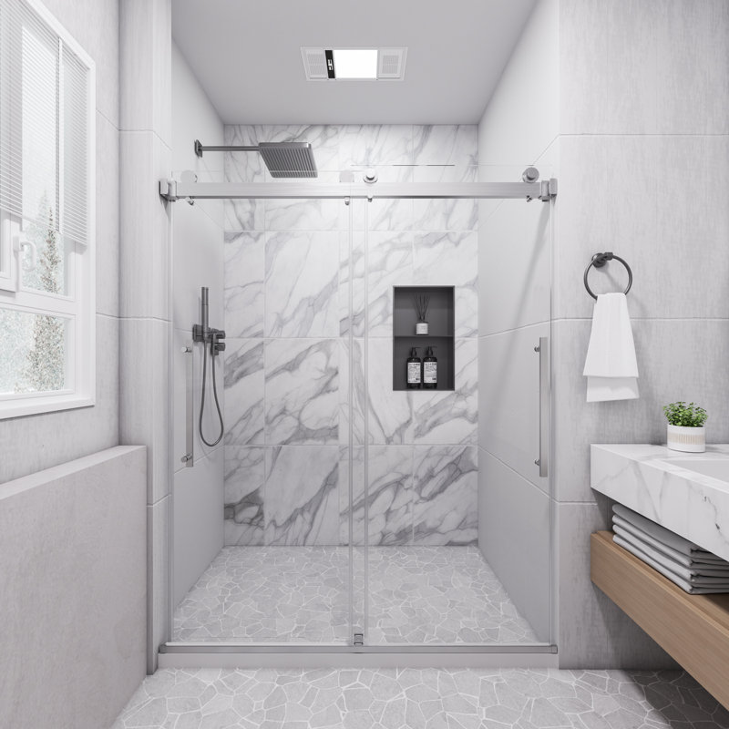 50-54 In. W X 74 In. H Semi-Frameless Double Sliding Shower Door with 1/4 in. Clear Tempered Glass in Brushed Nickel