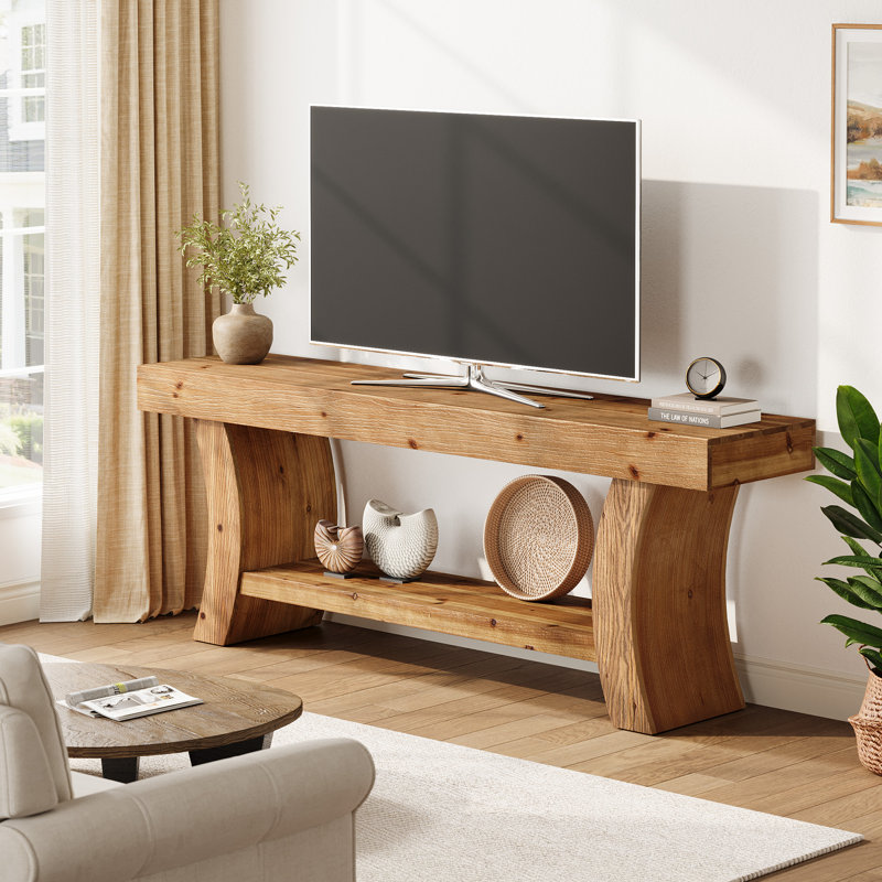 Meuble télé 63 po pour téléviseur de 70 po ou moins, avec console ouverte et tablettes ouvertes pour le salon, Naturel