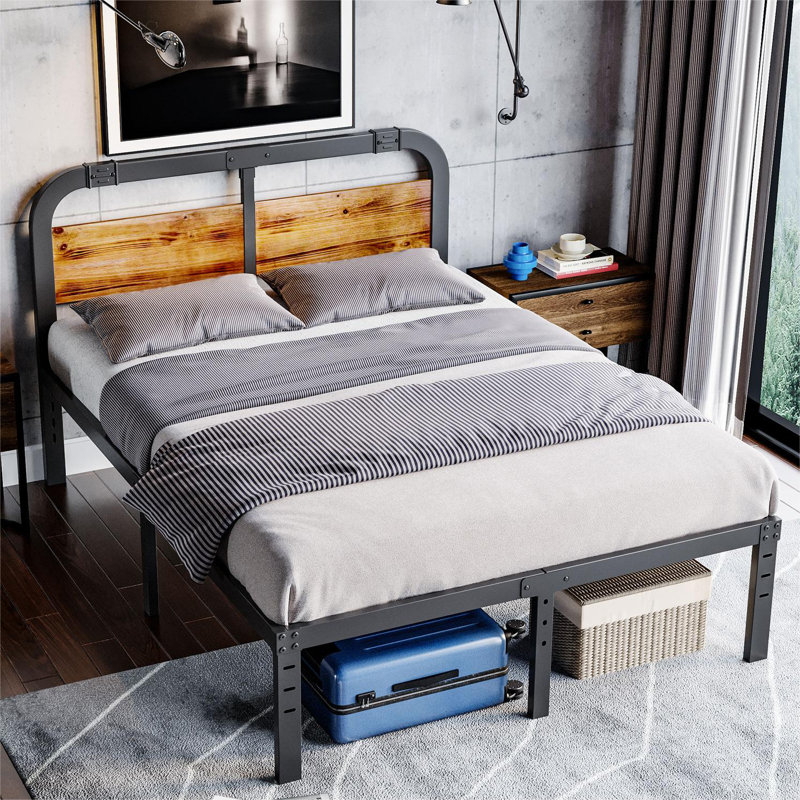 Base de lit plateforme Ashwyn en métal noir avec tête de lit en bois massif de 40 po, rangement sous le lit, support silencieux, aucun sommier tapissier requis