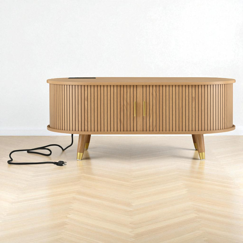Coffee Table With Charging Station,Sliding Tambour Door & Storage, Natural