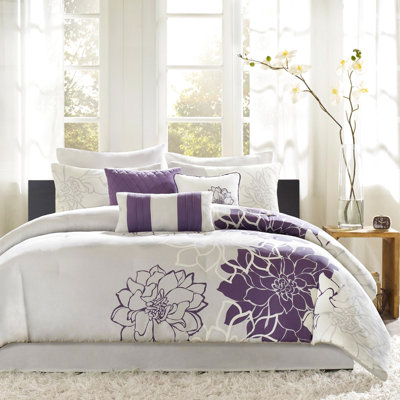 Édredon très grand en coton, gris taupe / mauve, avec jupe de lit et 3 coussins décoratifs, literie grise / mauve pour très grand lit, taies décoratives, jupe, texturé