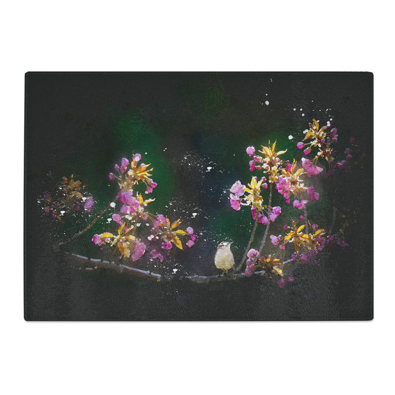 Tempered Glass Wren upon a Blossom Tree Branch Paint Splash Chopping Board, 20 cm x 28.5 cm