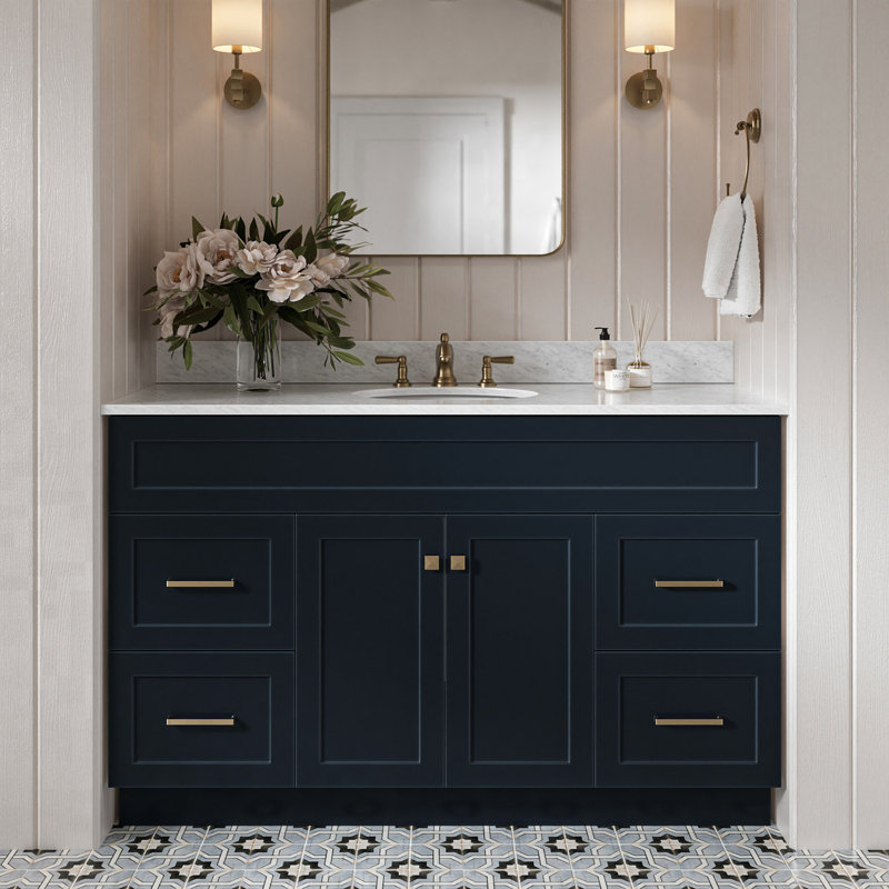 Partham 55'' Single Bathroom Vanity with Carrara Marble Top, Midnight Blue