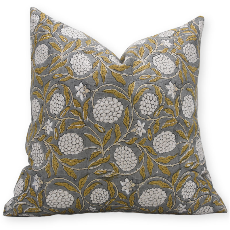Housses de coussin en lin pur à motif de blocs Fab Fabine, fait à la main Merakhi, taille grise - 14 po x 14 po