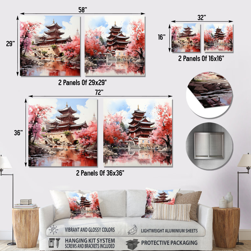 Printemps, Chine, sérénité au temple I - Ensemble de 2 décorations murales chinoises en métal, H 29 po x l 58 po