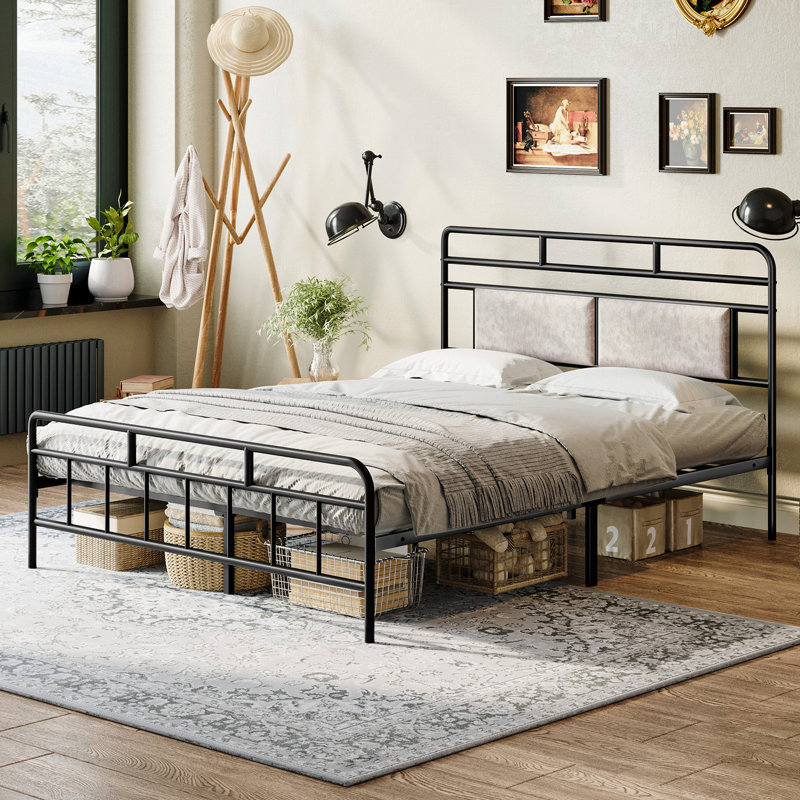 Elleise Metal Open-Frame Bed with Upholstered Headboard, Queen