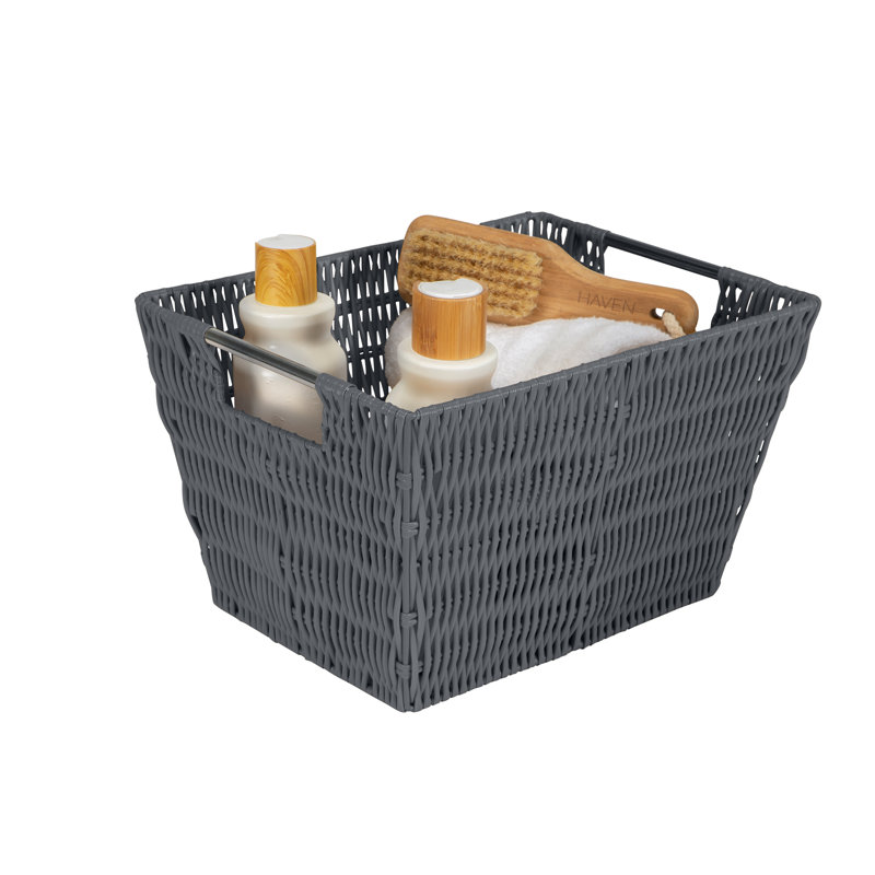 Charcoal Gray Rectangular Rattan Storage Basket with Handles