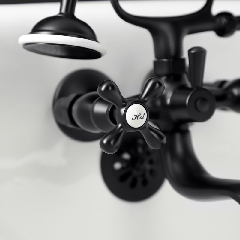Kingston Brass Kingston Three-Handle 2-Hole Tub Wall Mount Clawfoot Tub Faucet with Handshower, Matte Black