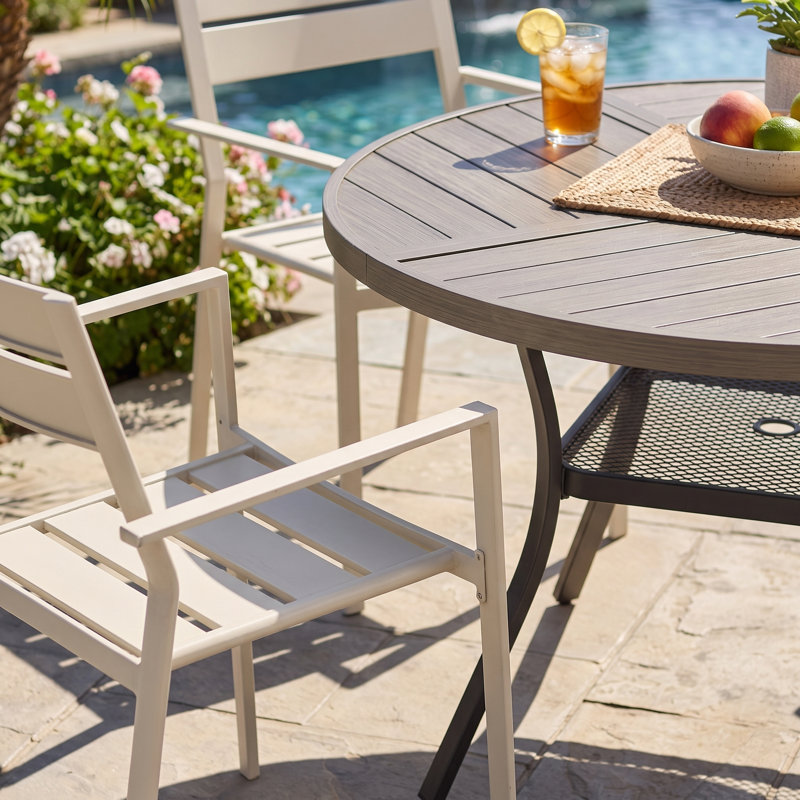 4-Person Round Patio Dining Set with Metal Dining Table and 4 Stackable Metal Armrest Chairs, Brush Wood Gray/Cream