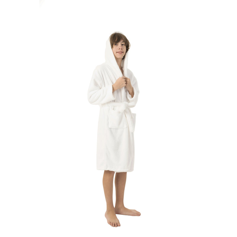 Peignoir 100% microfibre en molleton avec poches et capuche pour les enfants, Blanc, L