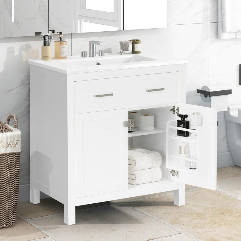 Meuble-lavabo simple 30 po avec comptoir en céramique, Blanc