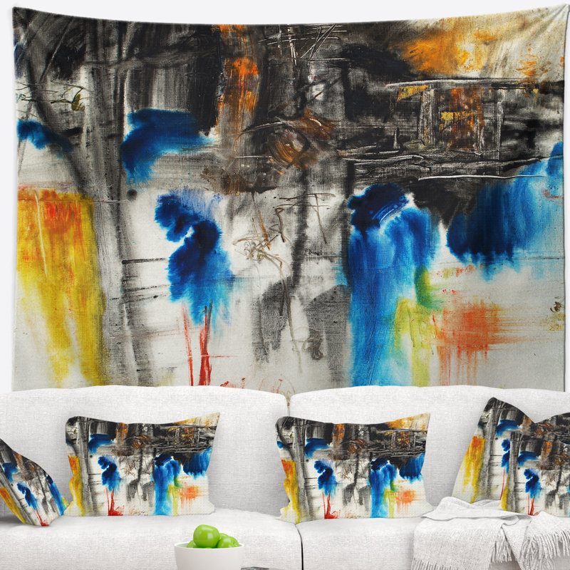Tapisserie motif bleu et jaune noir, H 32 po x l 39 po