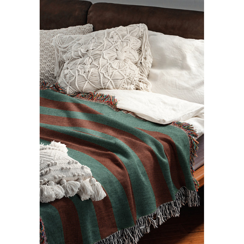Jeté en mélange de coton Cassian, Brun / vert pâle, L 70 po x l 50 po