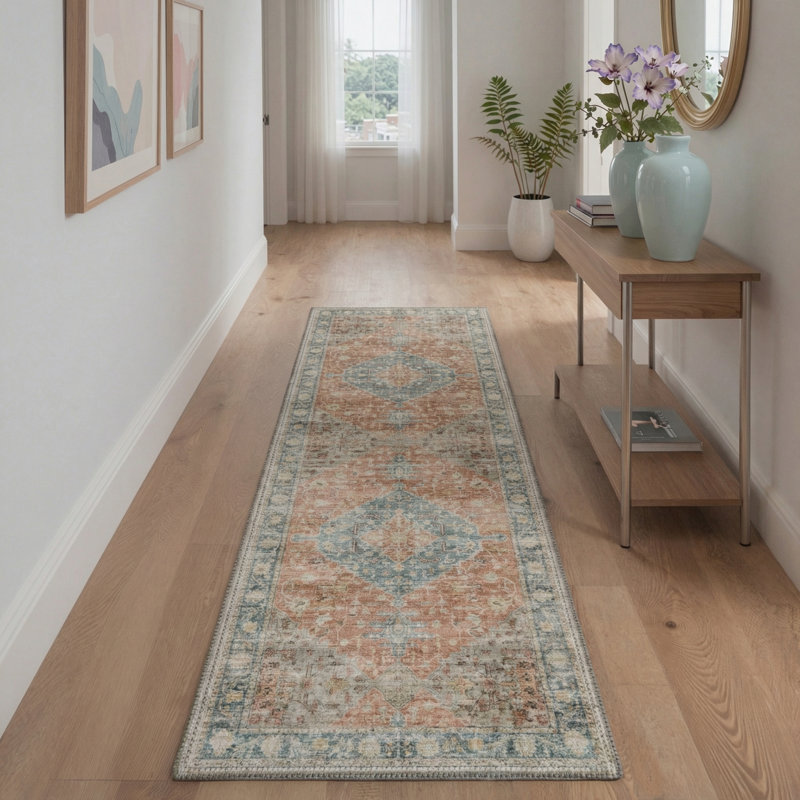 Vesper Vintage Medallion Machine Washable Blue / Orange Indoor Area Rug with Non-Slip Backing, Runner 2'6" x 8'