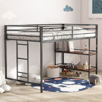 Lit mezzanine simple Adam avec tablette en bois de cannelle pour enfants, peu encombrant, lit mezzanine avec échelle facile à monter et garde-corps, cadre de lit mezzanine pour la chambre à coucher