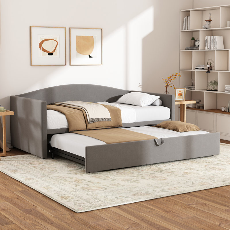 Upholstered Daybed With Pop Up Trundle, Gray