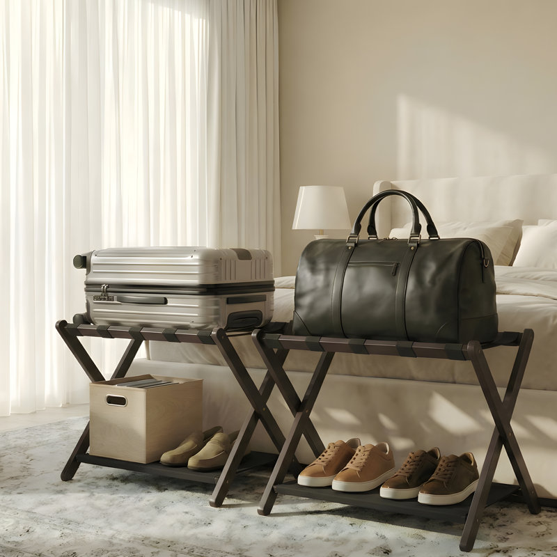 Porte-bagages pliable en bambou avec tablette à 2 niveaux