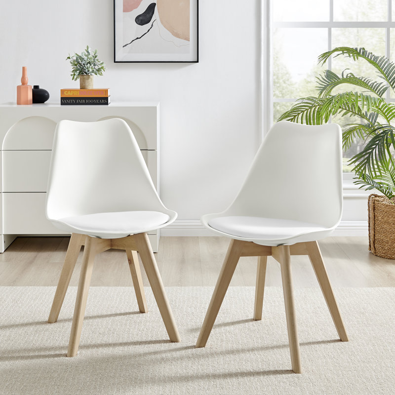 Stolm Bright Moulded Plastic Dining Chair with Wooden Legs and Foam Cushion Seat, White
