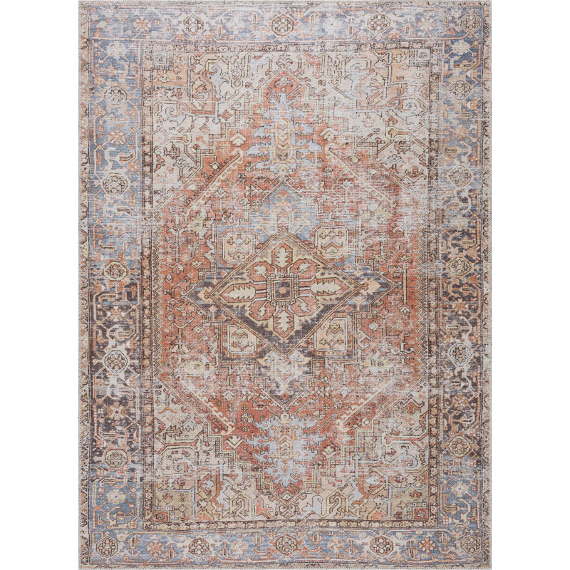 Eira Light Blue and Rust Polyester Washable Area Rug