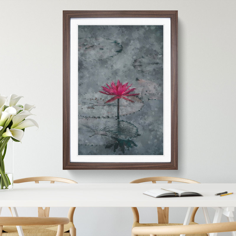 A Sacred Lotus Flower - Picture Frame Painting, Walnut Framed, 48cm H x 36cm W x 2cm D