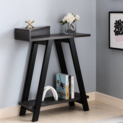 Console contemporaine noire et grise avec 2 tablettes, des pieds en forme de A, un plateau de table spacieux pour la décoration, un espace de rangement supplémentaire, un poids maximal de 10 lb, un panneau de particules moderne à deux tons, un bureau