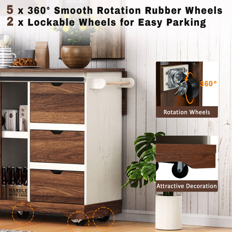 55.5 - Inch Kitchen Island With Drop Leaf, Sliding Barn Door, Adjustable Shelf, And Lockable Wheels For Dining Room Use Decor Convenience