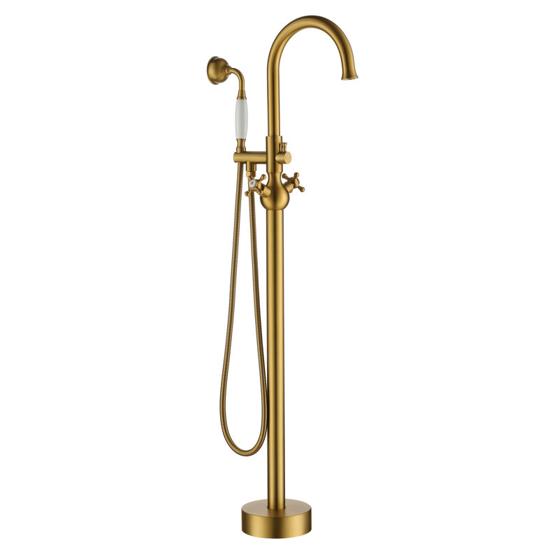 2 Handle Freestanding Tub Filler with Diverter, Brushed Brass