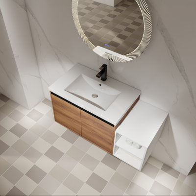 Meuble-lavabo mural avec lavabo de comptoir en résine, tablette et portes à fermeture en douceur