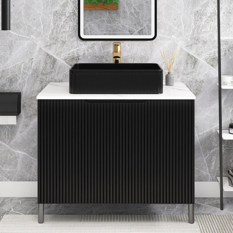 Meuble-lavabo simple 30 po avec plateau en pierre frittée blanc Carrare Boika, Noir