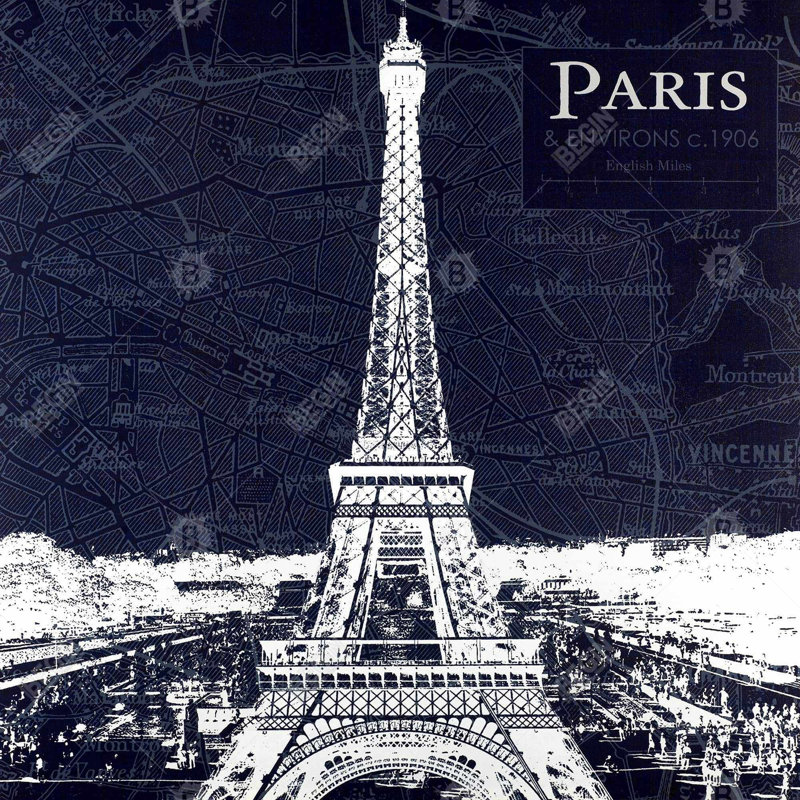 «Paris Blue Print & Eiffel Tower - Décoration de chambre en toile encadrée