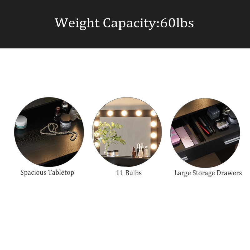 Vanity Desk With Mirror And Lights, Dressing Table With Large Drawer, 2 Level Storage Dresser & 3 Lighting Modes Adjustable Brightness, Suitable For Bedroom
