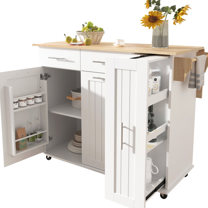Îlot de cuisine avec comptoir mobile, organisateur coulissant à 3 niveaux, rangement interne, chariot roulant sur roulettes, 2 tiroirs, porte-serviettes, abattant pliable blanc, fabrication d'armoire