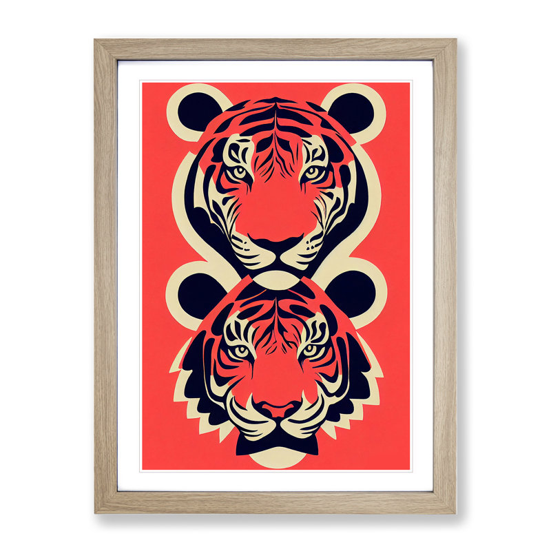 Two Tiger Heads - Wall Art, 66cm H x 48cm W, Oak Picture Frame, White