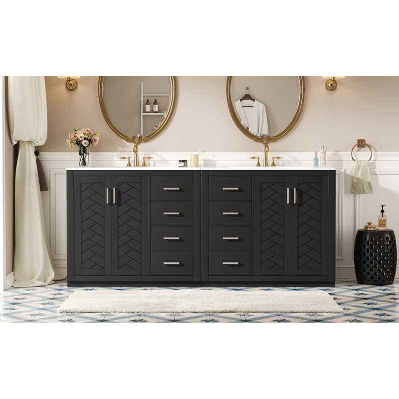 Ensemble de meuble-lavabo sur pied 72 po avec lavabo en céramique (séparé), armoire de rangement 72 po, Noir / Argenté